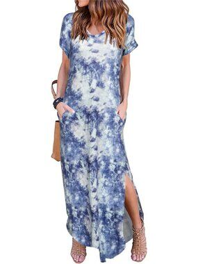 Women's Cloud Blue Summer Maxi Long Dress Casual Loose Short Sleeve Split Pocket